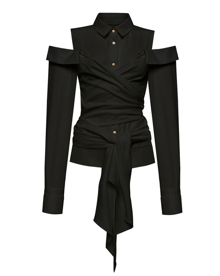 Off-Shoulder Buttoned Shirt with Waist Tie - Burti