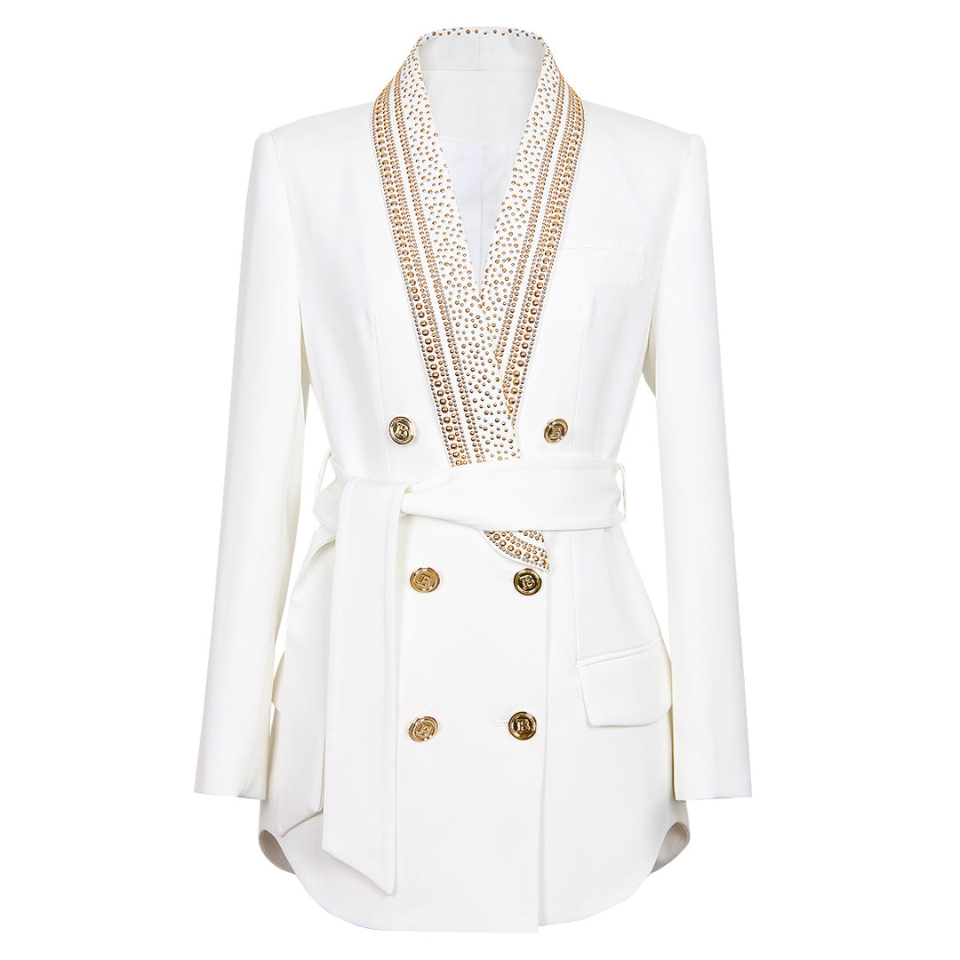 Embellished lapel belted double-breasted blazer – IVORY