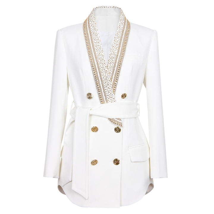 Embellished lapel belted double-breasted blazer – IVORY