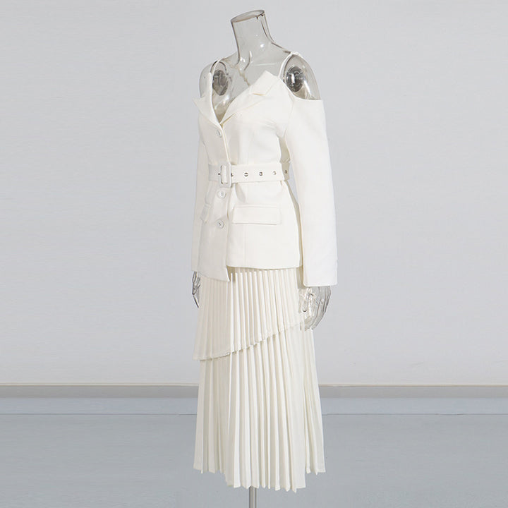 Off-shoulder belted blazer with pleated skirt - Atiju