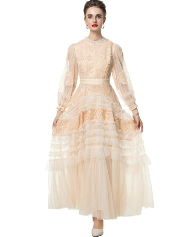 long-sleeve layered gown with tulle and embroidery - IRISWU