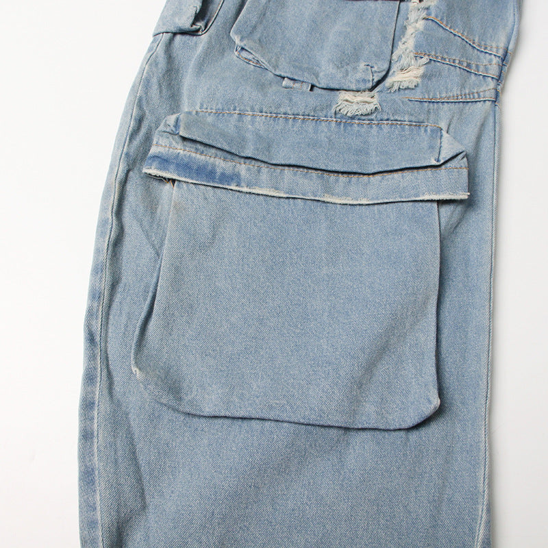 strapless denim cargo jumpsuit with wide-leg design – NOLIVIRA