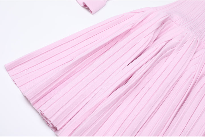 off-shoulder pleated mini dress with button detail – ELARANZI