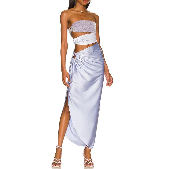 shimmer bandeau one-piece with ruched wrap skirt – LAVENDER