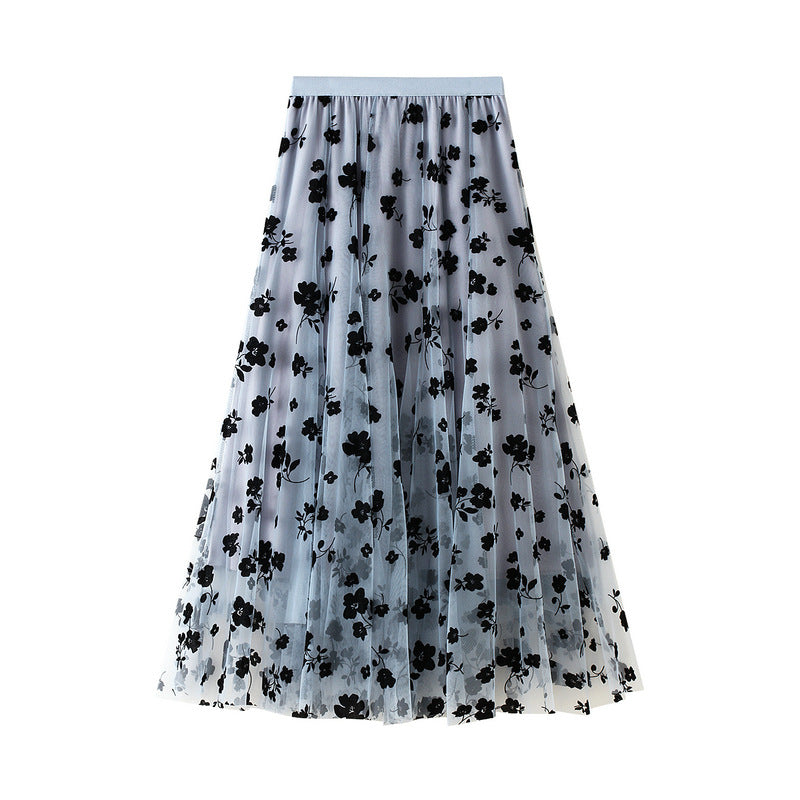 Floral Mesh Maxi Skirt with Elastic Waist – FLOREA