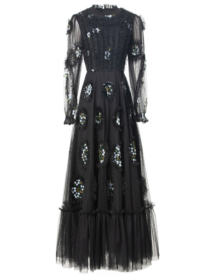 embellished tulle gown with sheer sleeves and crystal appliqués – MIDNIGHT