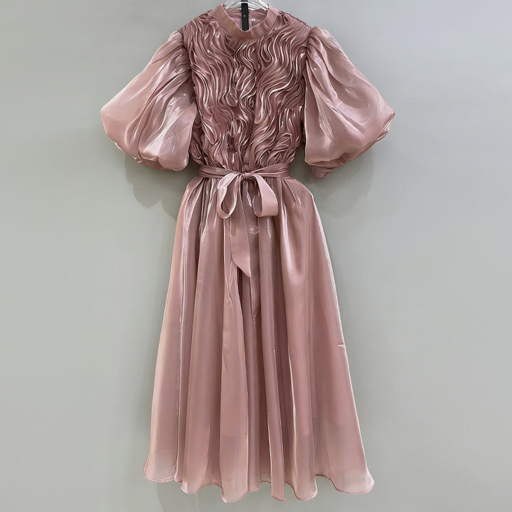 puff sleeve midi dress with textured bodice and belt – ROSELLA