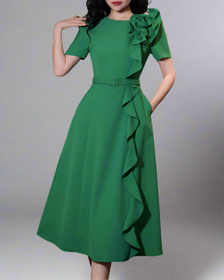 فستان ميدي بأكمام قصيرة وتفاصيل زهور ثلاثية الأبعاد - سيلينا