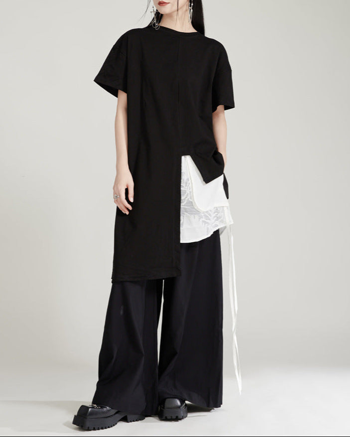 asymmetrical layered T-shirt with chiffon side panel - MAIAZ