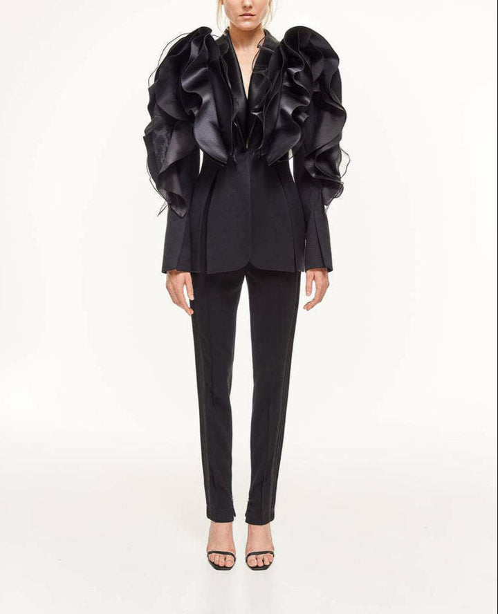 ruffled organza sleeve blazer with deep satin lapel - Jermien