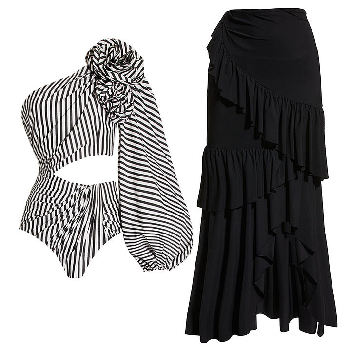 one-shoulder striped cutout swimsuit with layered ruffle maxi skirt – DRAMA
