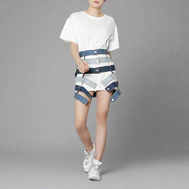 patchwork denim waist belt skirt - Talikha