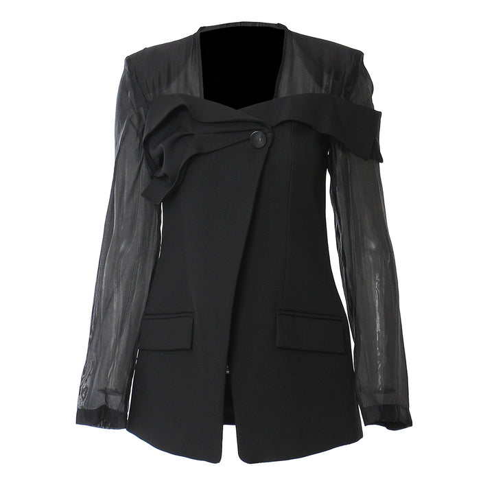 Structured blazer with sheer sleeves and bow detail – AMONA