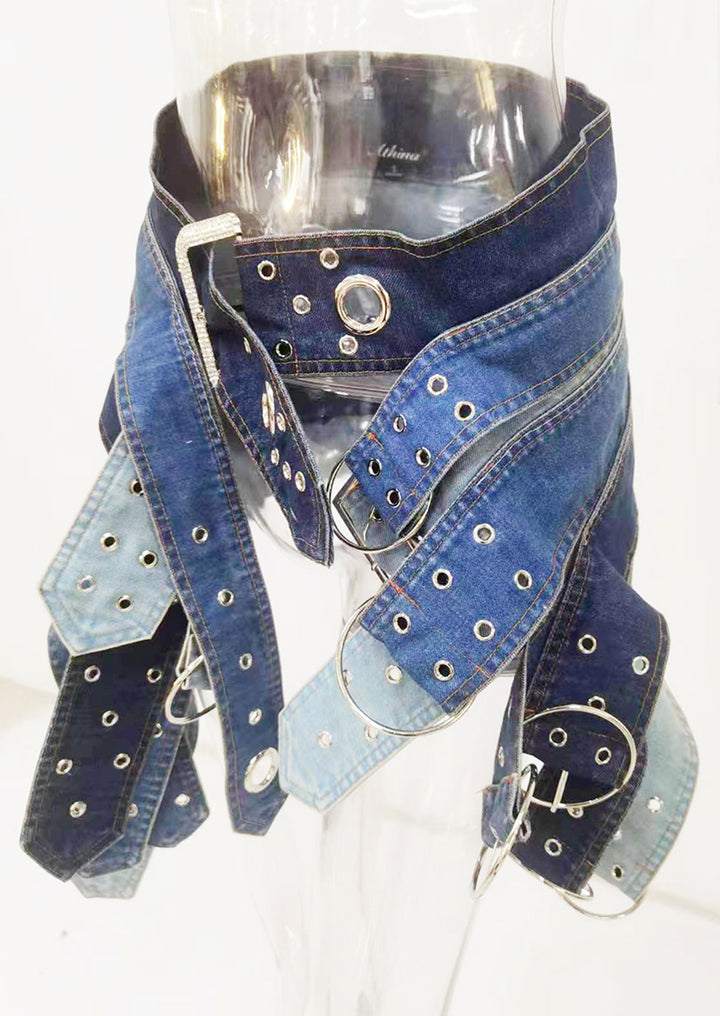 multi-tone denim belt skirt with grommet details - Ellinor