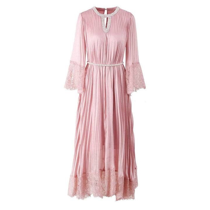 Pleated Maxi Dress with Lace Trim and Pearl Belt – BLUSHERA