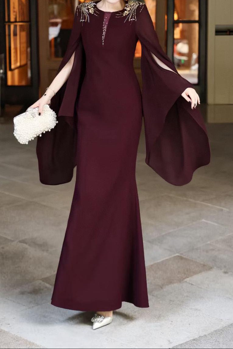 cape-sleeve mermaid dress with embellished shoulders – ROSABELLE