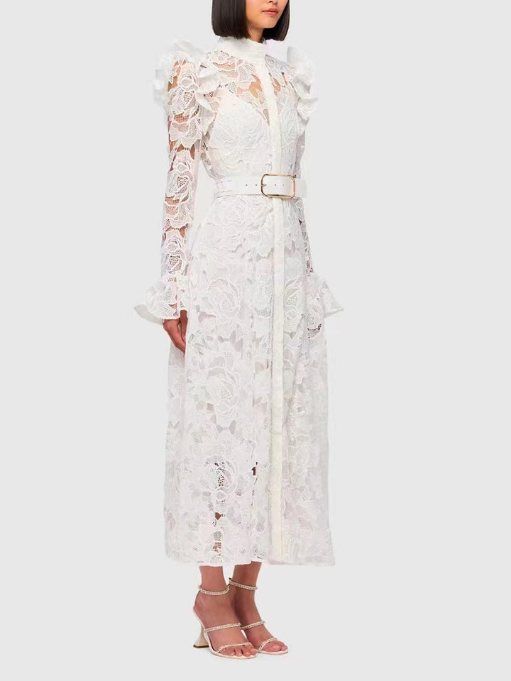 ODD- long-sleeve lace midi dress with belt – Tesoro