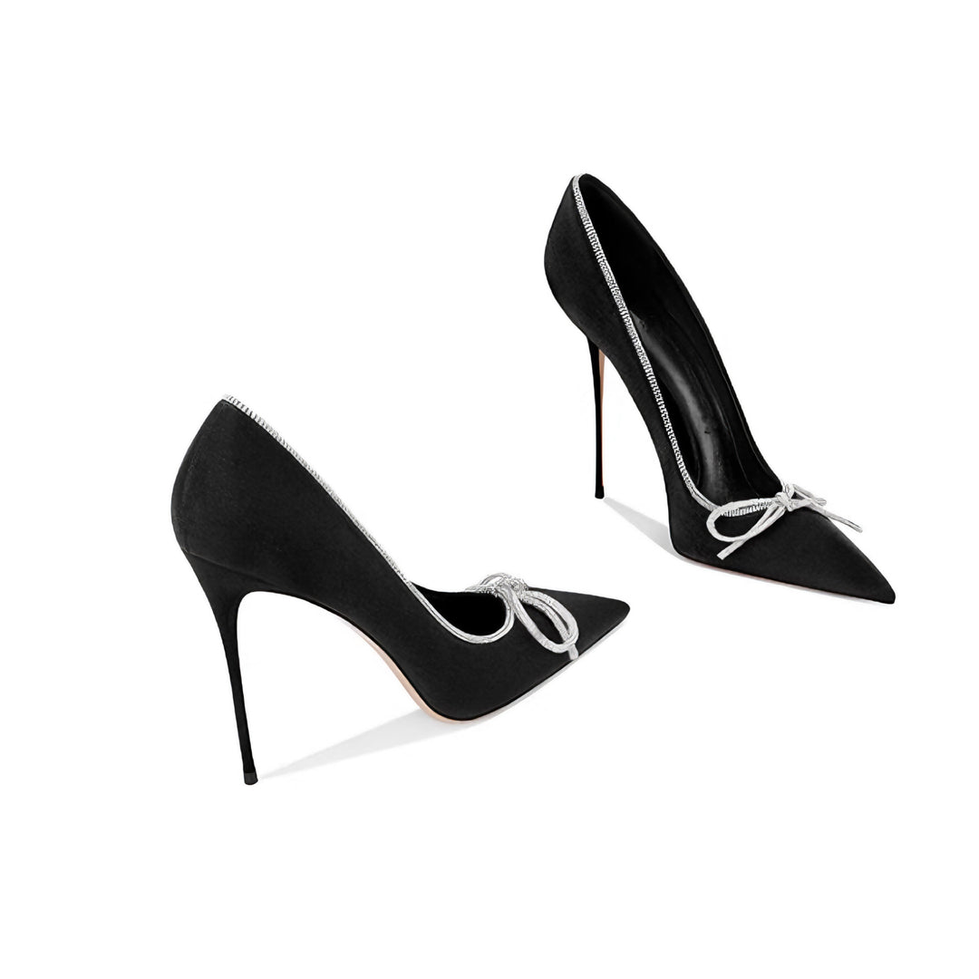 Crystal-Trimmed Bow Satin Pumps – ELYSIA