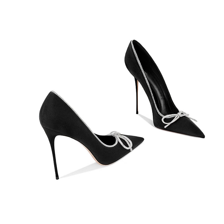 Crystal-Trimmed Bow Satin Pumps – ELYSIA