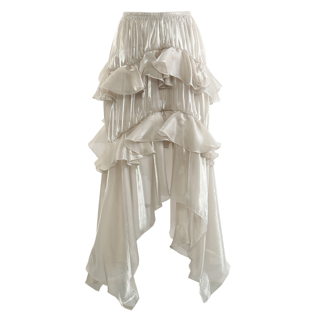 high-waist ruffled satin skirt with asymmetric hem – ELIORA