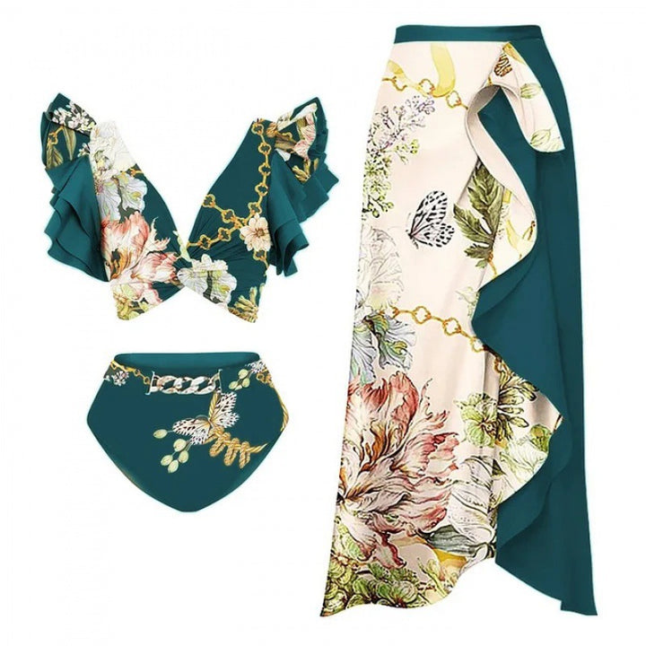 ruffle floral bikini with asymmetric wrap skirt – EMERALD