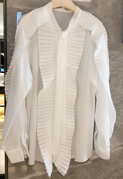 Elegant Pleated Panel White Shirt Statement Long Sleeve Blouse-SERAB