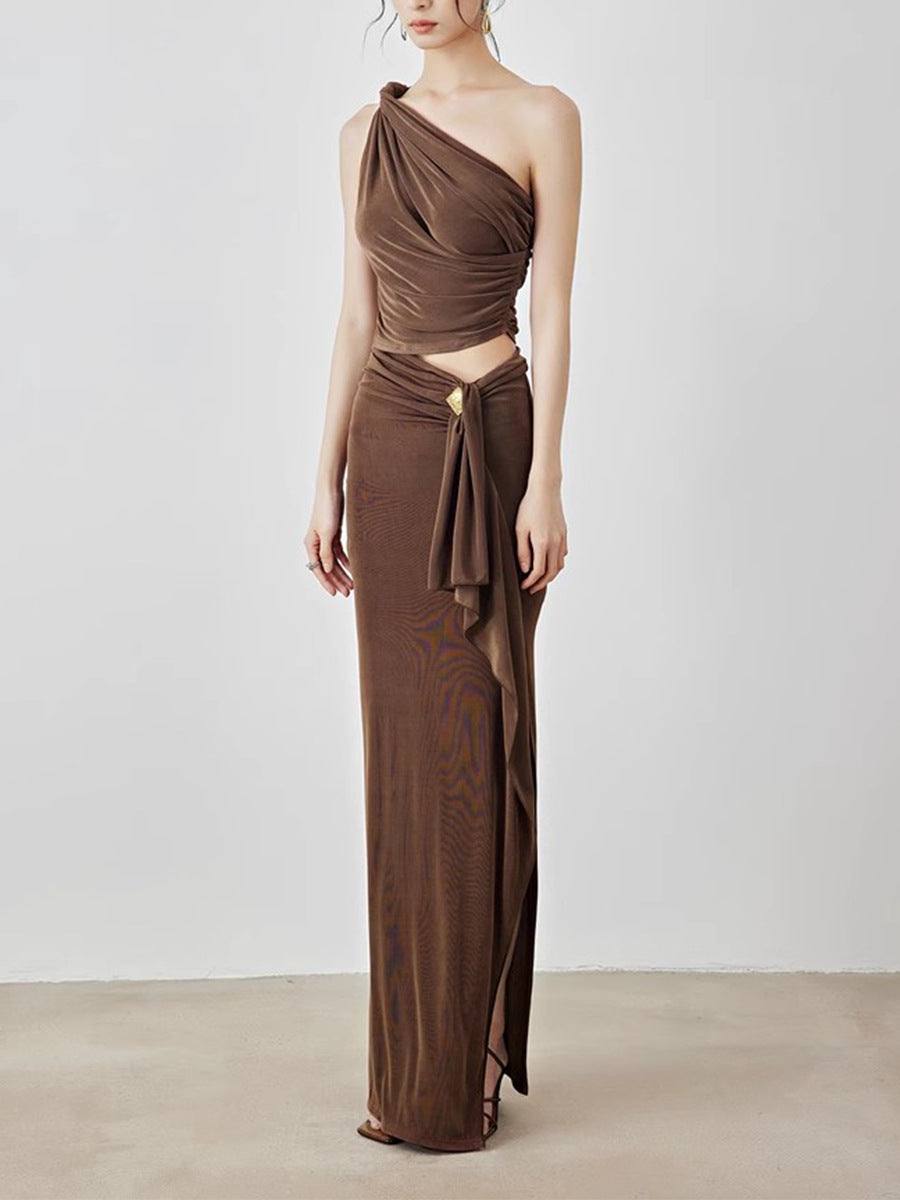 Geplooide top met uitlopende mouwen en maxi-rok set met tailleband – Rosiny 