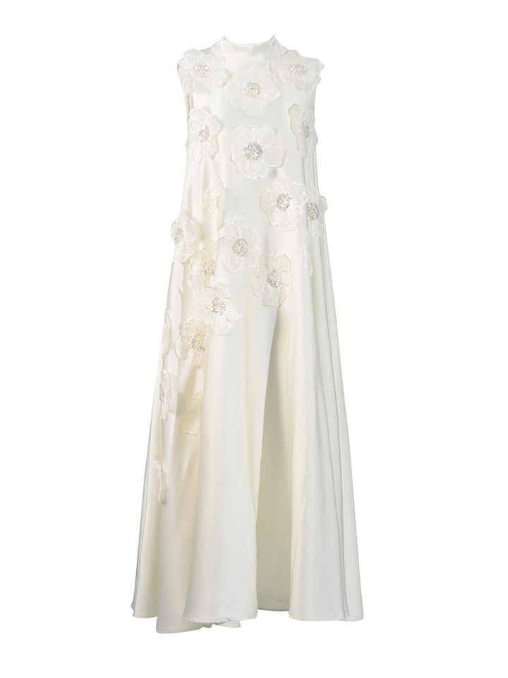 sleeveless A-line maxi dress with 3D floral appliqués – BLOSSOM