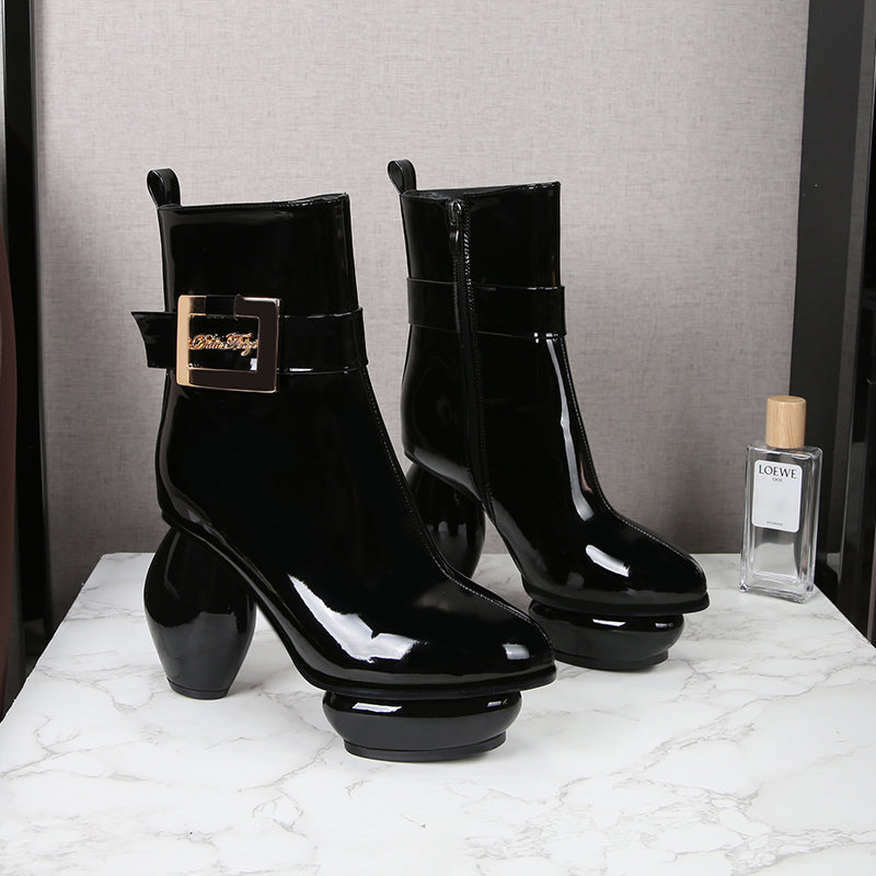 patent leather ankle boots with sculptural round heels - LONNEE