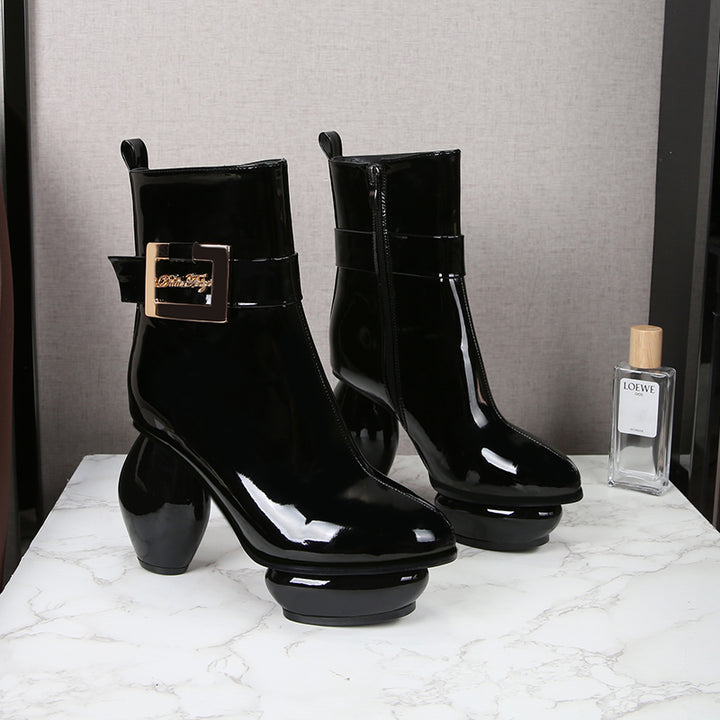 patent leather ankle boots with sculptural round heels - LONNEE