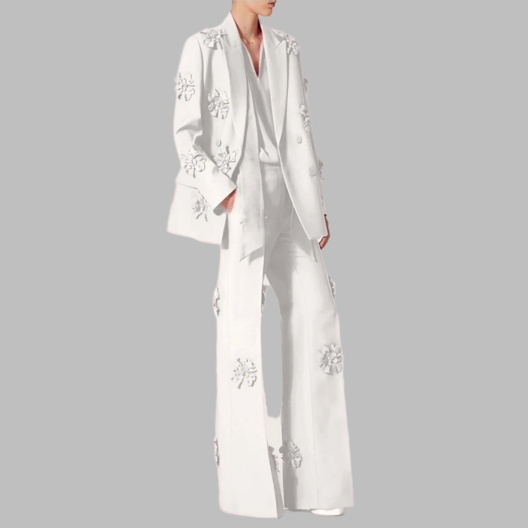 floral applique double-breasted blazer and flared pants set - GHOOTER