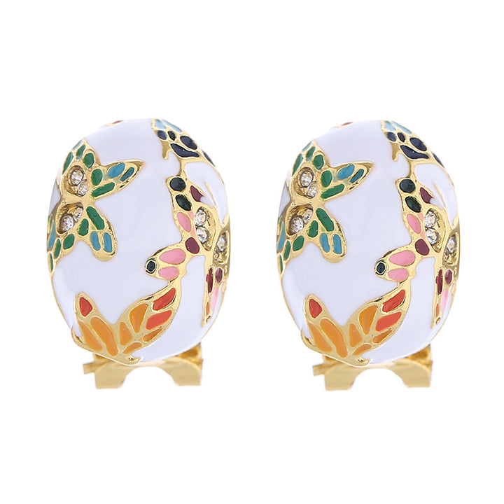 Enameled oval stud earrings with floral butterfly motifs - Alkosdi