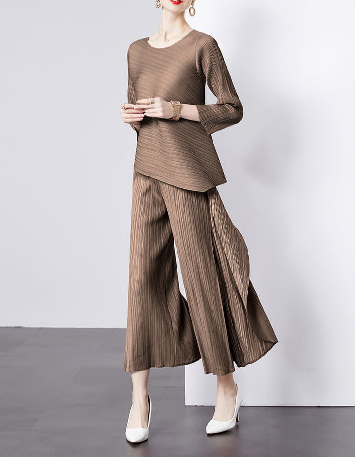 asymmetrical pleated top and wide-leg pants set - TERZA