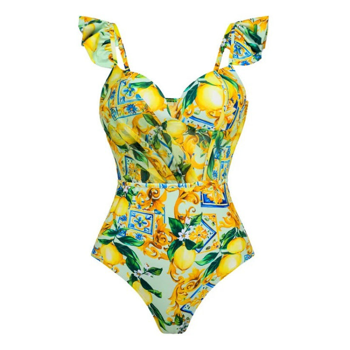 ruffle strap lemon-print swimsuit with mesh wrap skirt – SICILIAN