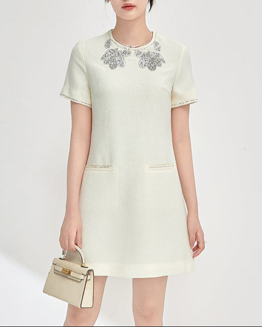 short sleeve A-line dress with floral crystal embroidery - STELLAV