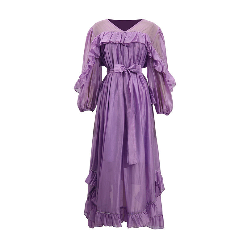 Ruffled Chiffon Midi Dress with Waist Tie – LILACYN