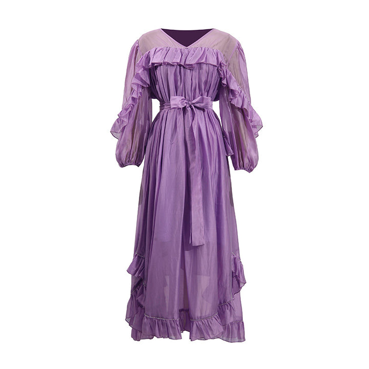 Ruffled Chiffon Midi Dress with Waist Tie – LILACYN
