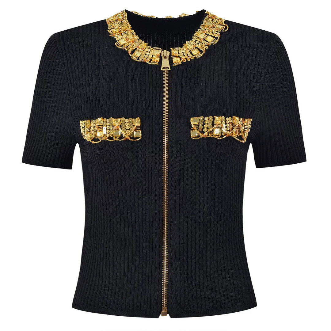 بلوزة محبوكة بأكمام قصيرة ورقبة مرصعة بالجواهر – أوراكسي