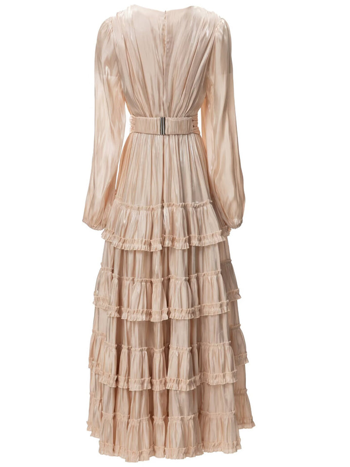 long-sleeve tiered pleated dress with voluminous hem - LÉONIE