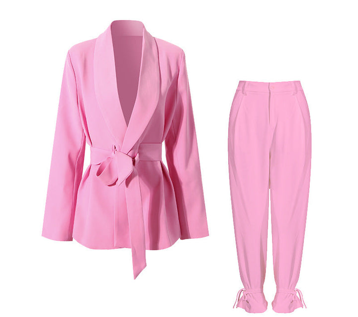 belted blazer and tapered pants set - RIVERAZY