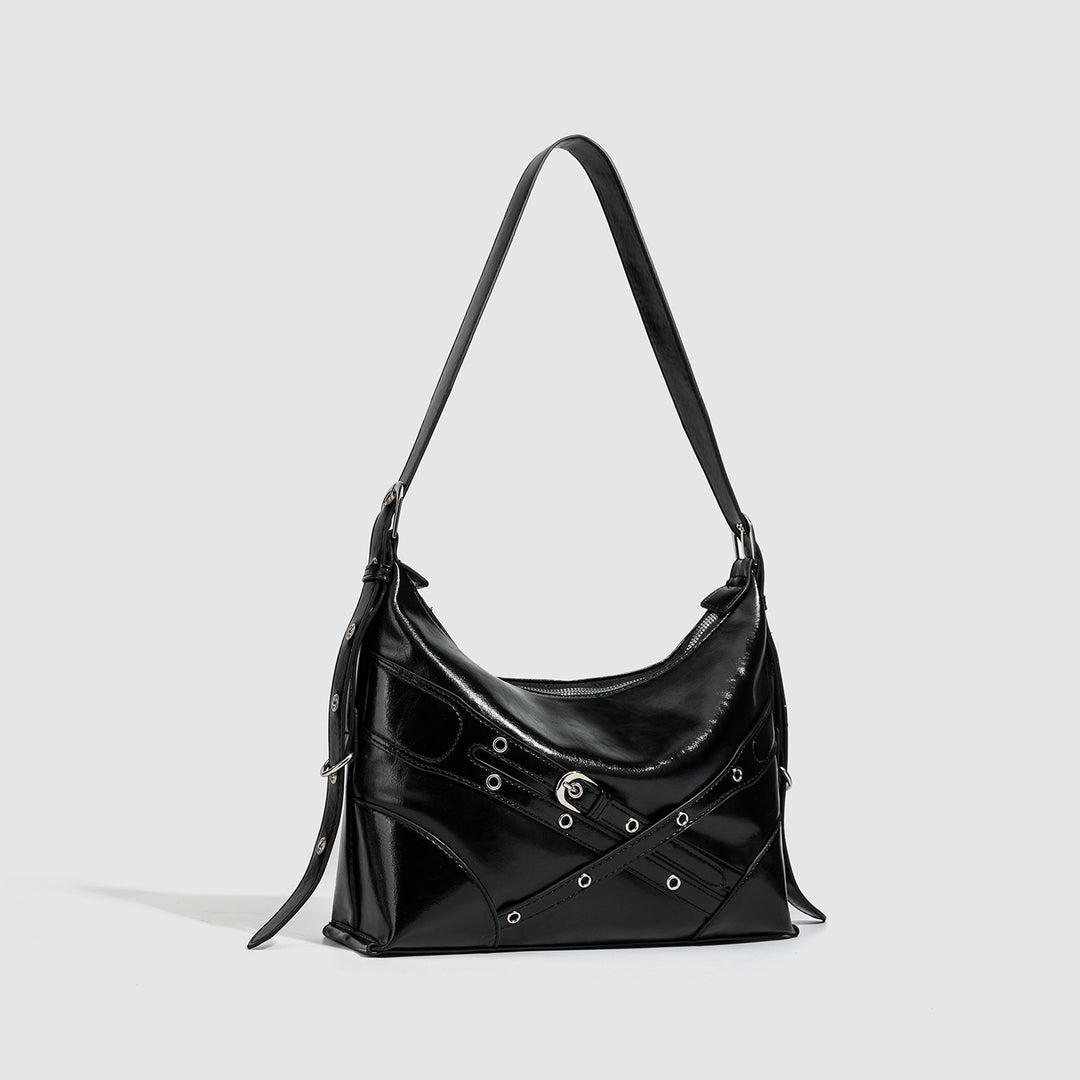 Black Buckle Strap Shoulder Bag - Street