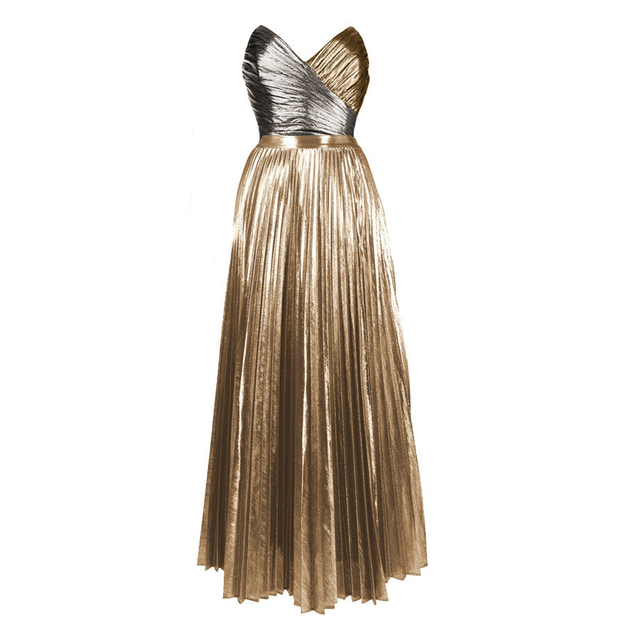 metallic cross-wrap bodice pleated maxi dress – ECLIPSE