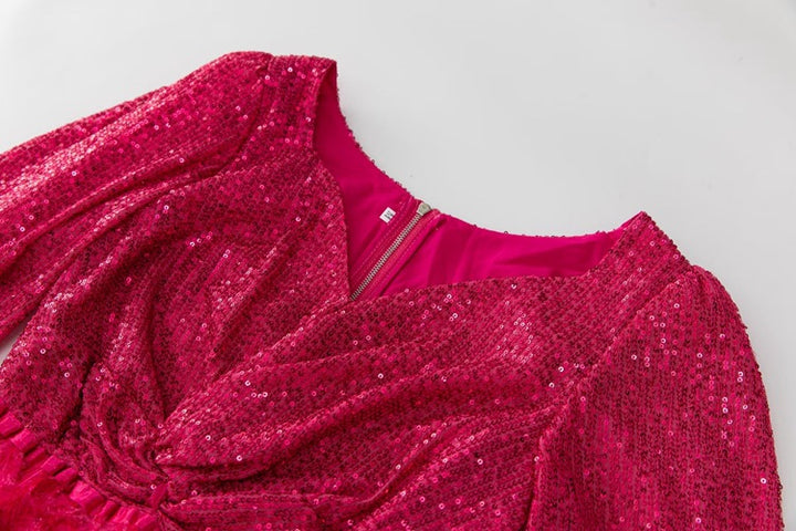 long sleeve sequin mini dress with feathered skirt - SORAYDA