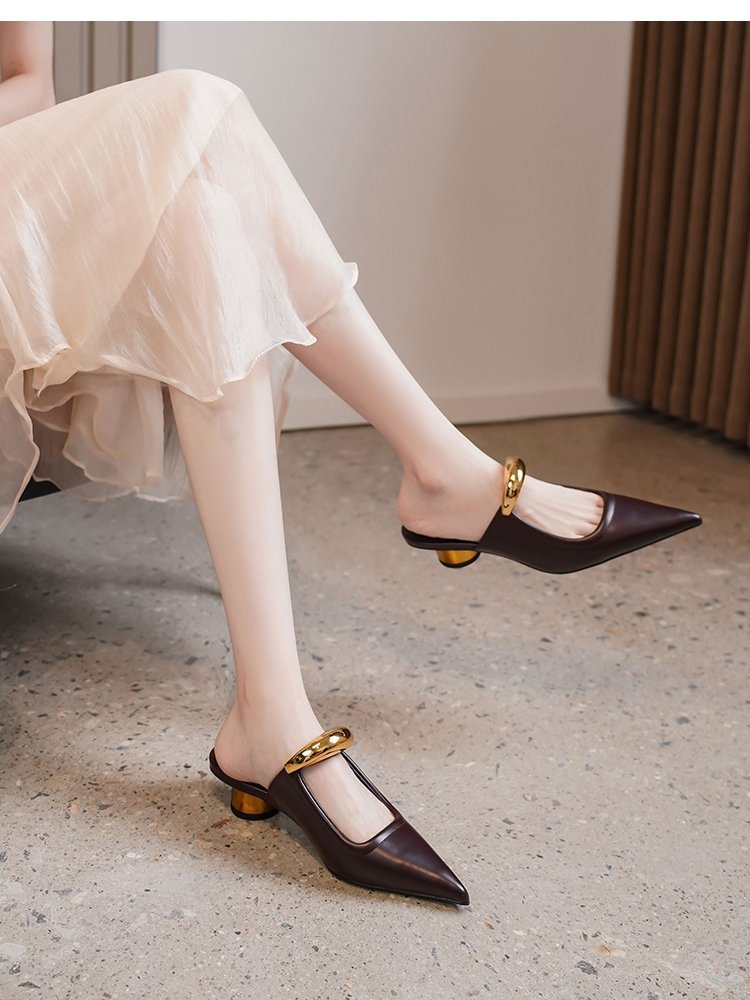 pointed leather mules with gold sculptural buckle – VARIENA