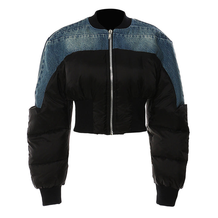 cropped puffer jacket with denim panel detailing – NOVA