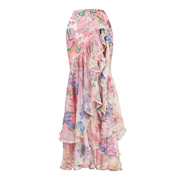 ruffle strap floral one-piece swimsuit with layered mesh maxi skirt set – BREEZE