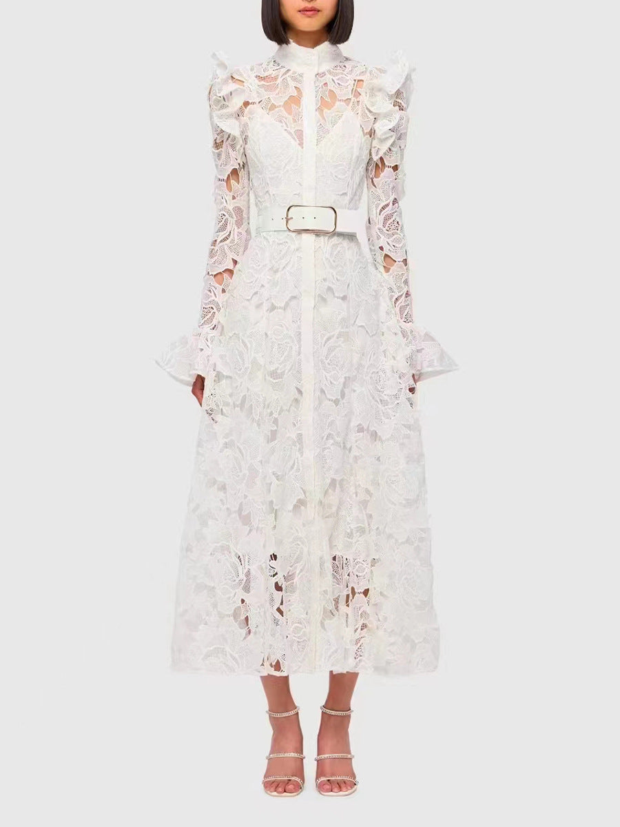 ODD- long-sleeve lace midi dress with belt – Tesoro