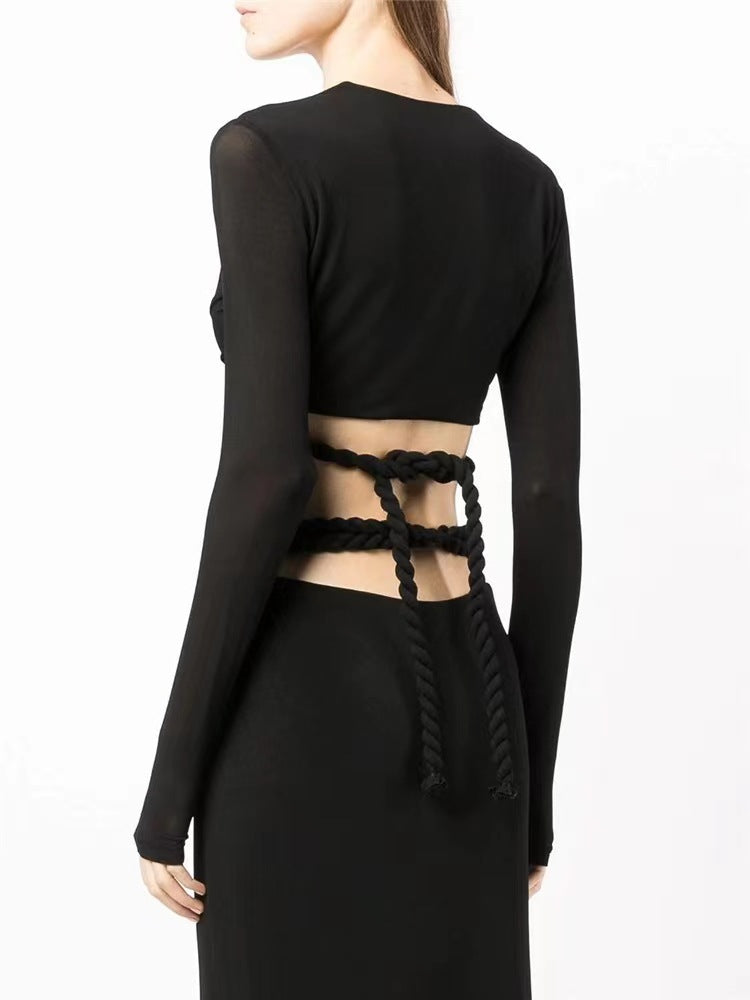 long-sleeve wrap crop top & slit midi skirt set with rope belt – ZYRADY