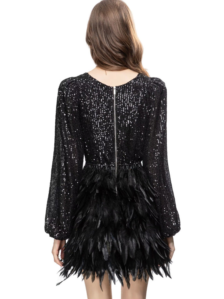 long sleeve sequin mini dress with feathered skirt - SORAYDA