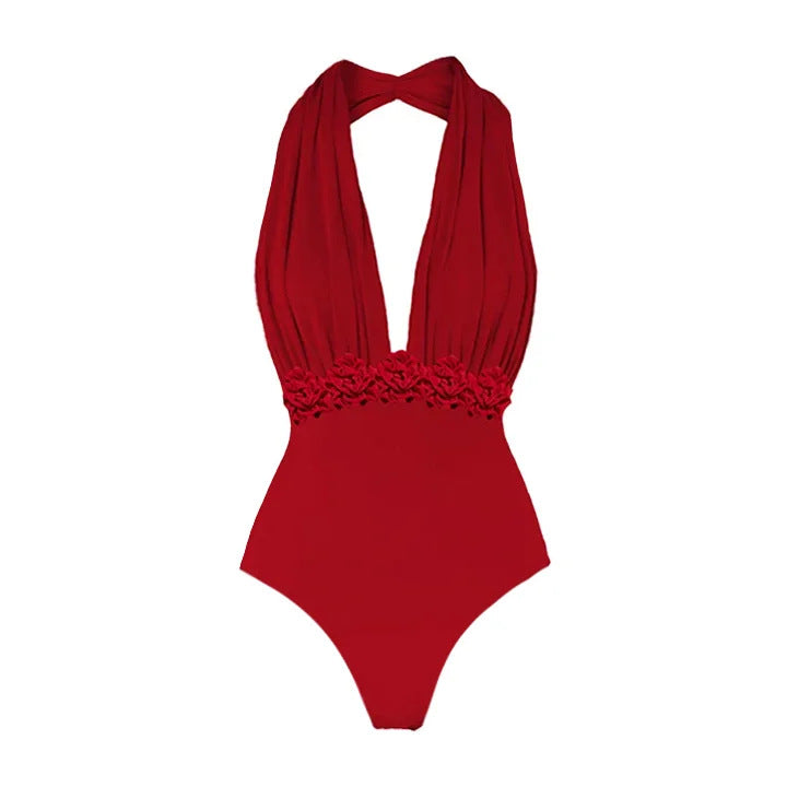 deep plunge halter one-piece with ruched maxi skirt – SCARLET